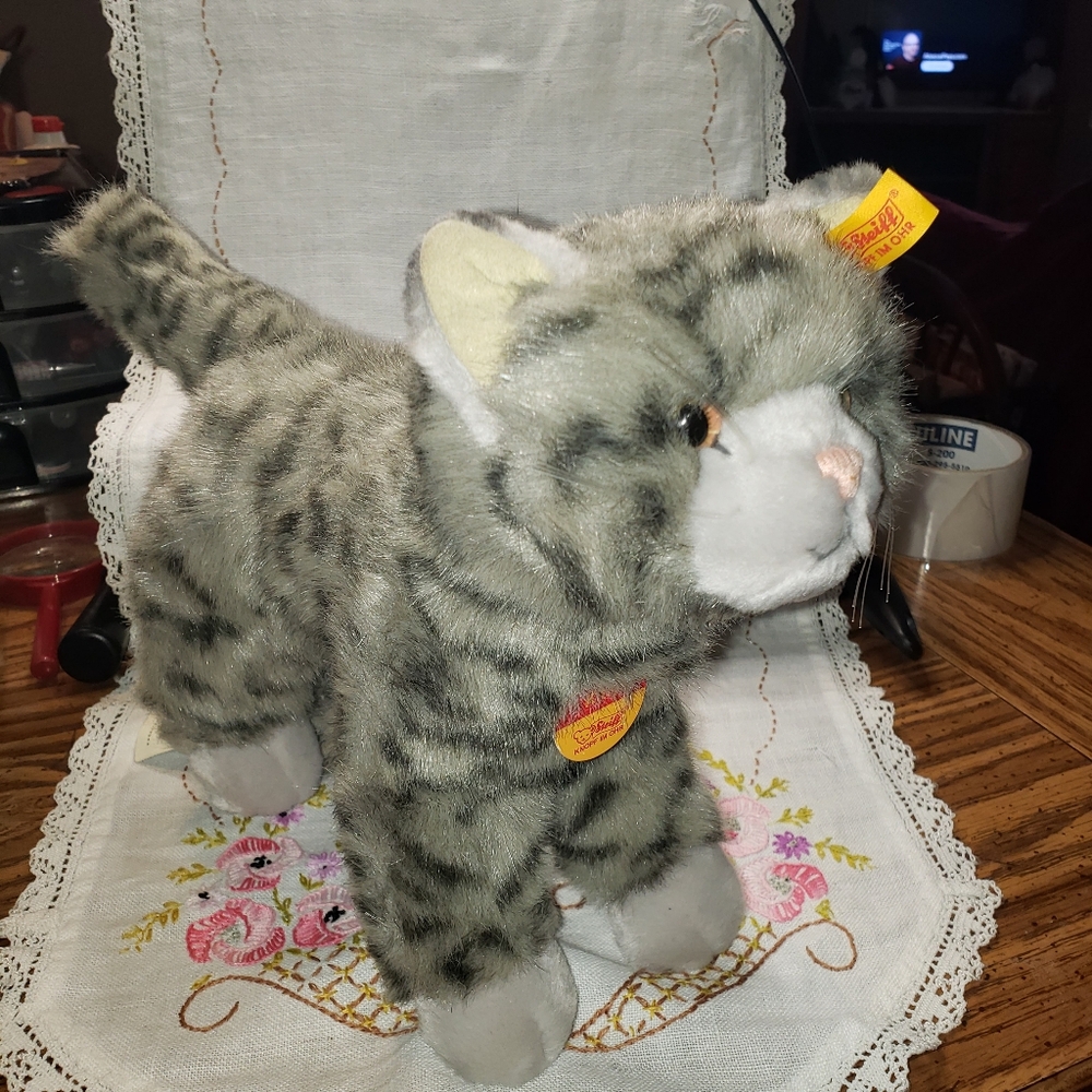 Vintage Steiff Gray and White Plush Cat Named Kitty